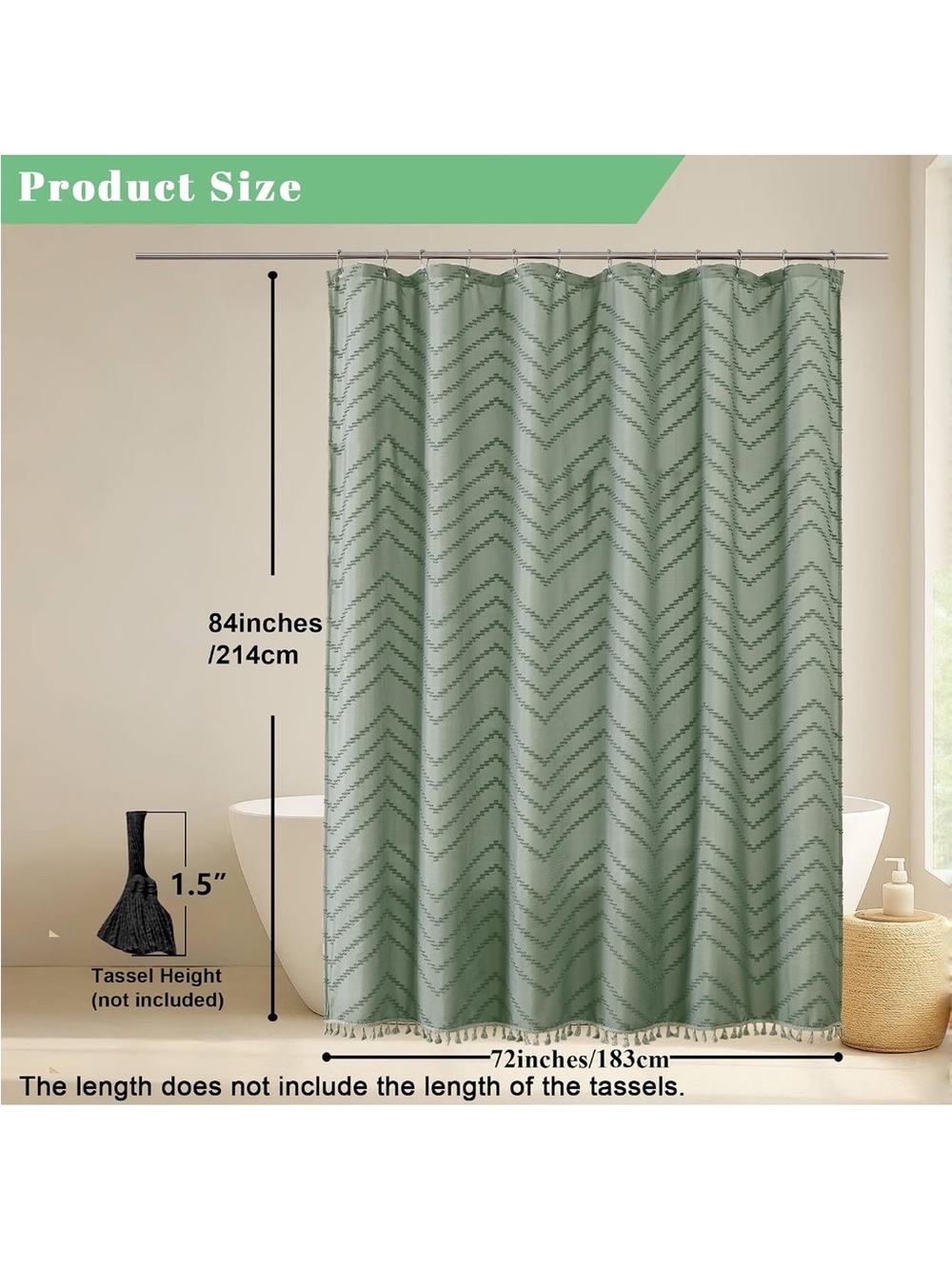 Boho Shower Curtain, Sage Green Fabric Cloth Shower Curtains Farmhouse 72x72 - Picture 3 of 6